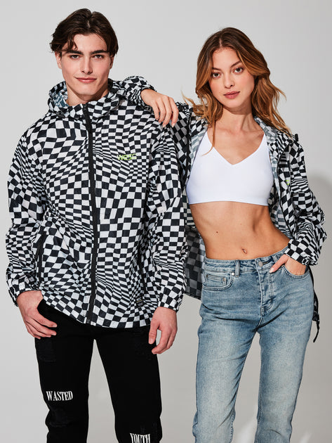 PACKABLE WINDBREAKER WARPED CHECKERBOARD AOP JACKET